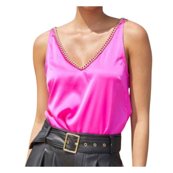 Generation Love Women's Medium Hot Pink Sleeveless Dallas Chain V-Neck Top - Picture 3 of 8